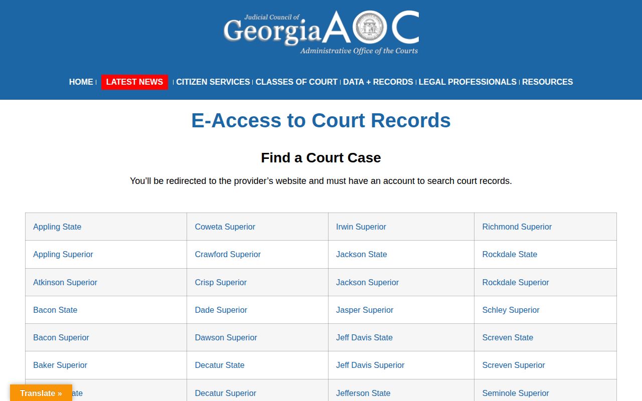 Georgia Courts E-Access routing for Taliaferro Superior Court records